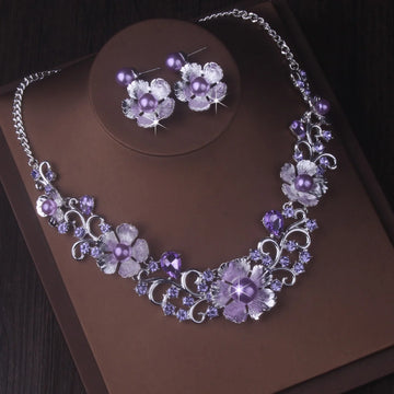 Luxury necklace and earring set, wedding bride accessories, wedding dress set, chain jewelry, blue, purple, red necklace and ear