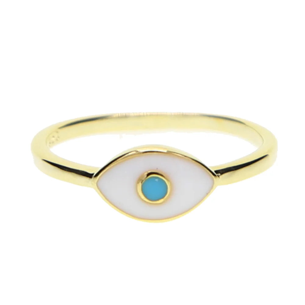 2024 Cheap Wholesale Jewelry White Enamel Eye Gold Color Delicate Turkish Evil Eye Single Blue Stone Lucky Girl Rings
