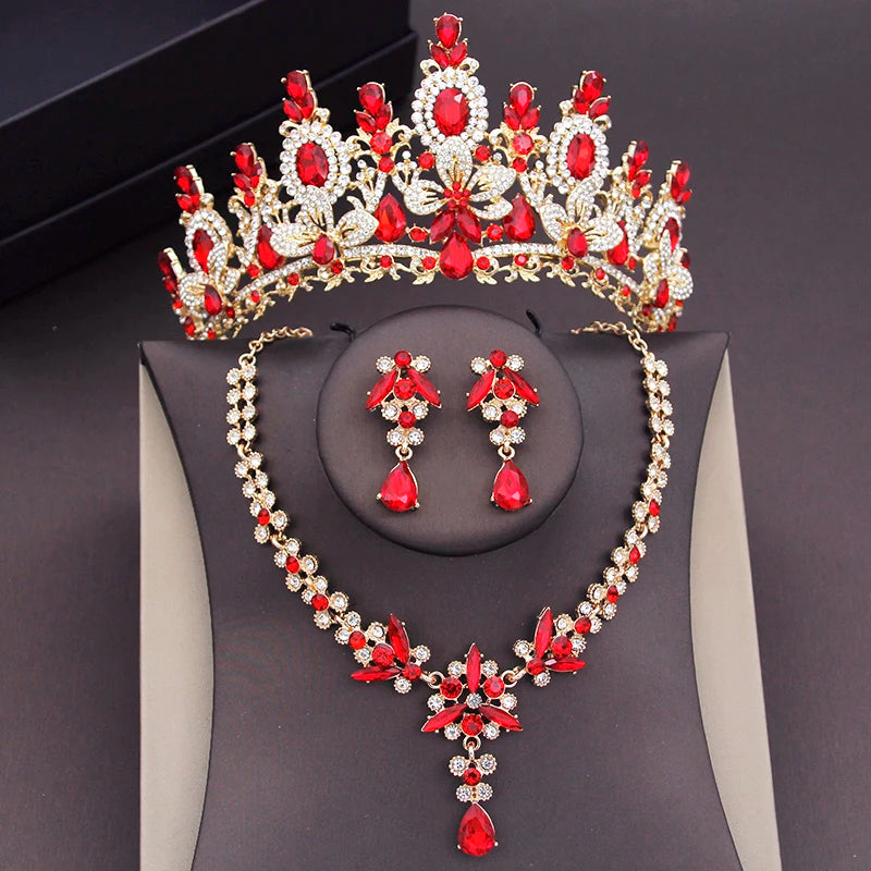 Red Crystal Bridal Jewelry Sets for Women Crown Choker Necklace Tiaras Sets Wedding Prom Bride Costume Jewelry Accessories