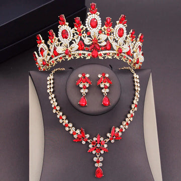 Red Crystal Bridal Jewelry Sets for Women Crown Choker Necklace Tiaras Sets Wedding Prom Bride Costume Jewelry Accessories