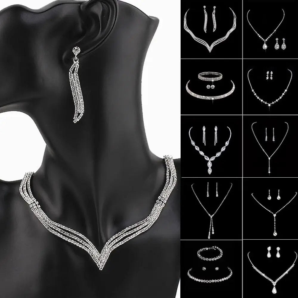 Wedding Dress Crystal Jewelry Set Shiny Banquet Ladies Rhinestone Necklace Earrings Bride Jewelry Gifts