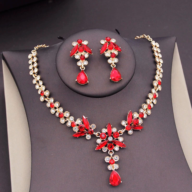 Red Crystal Bridal Jewelry Sets for Women Crown Choker Necklace Tiaras Sets Wedding Prom Bride Costume Jewelry Accessories