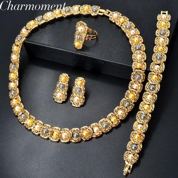 Dubai Luxury Quality Jewelry Set For Women Trend Pearl Necklace Bracelet Ring Earrings Jewelry Set 18k Gold Plated Jewelry