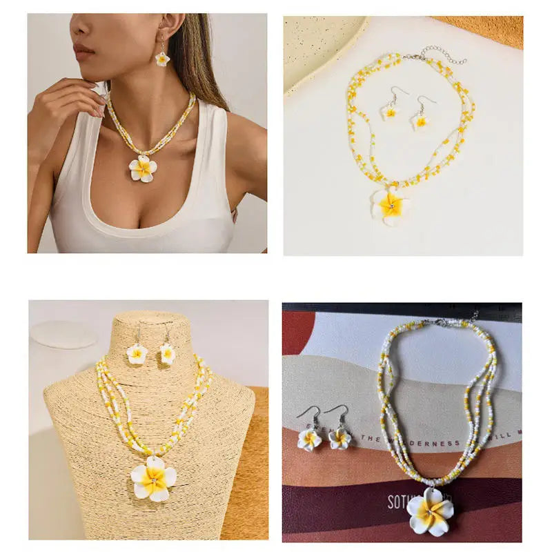 Ladies' Jewelry Set Cute and Fashionable Colorful Flower Earrings Girls' Sweet Elegant Wax Rope Woven Necklace