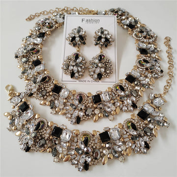 2025 New Luxury Crystal Rhinestone Jewelry Sets Necklace Bracelets Earrings Set Women Indian Wedding Bridal Statement Jewelry