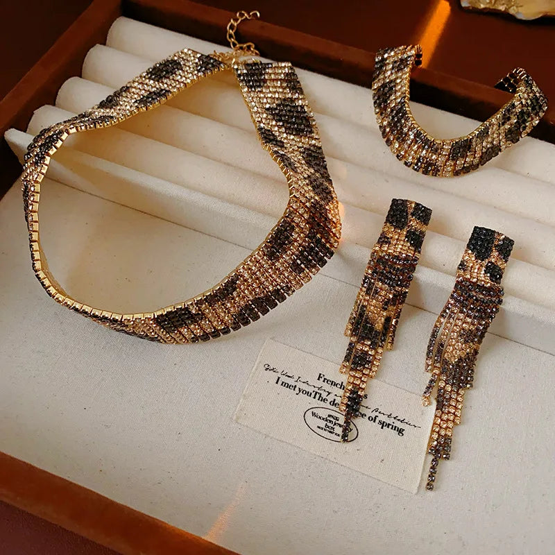 Women's Fashion Jewelry Set with Leopard Print and Inlaid Rhinestone Long Tassel Earrings and Statement Necklace and Bracelet