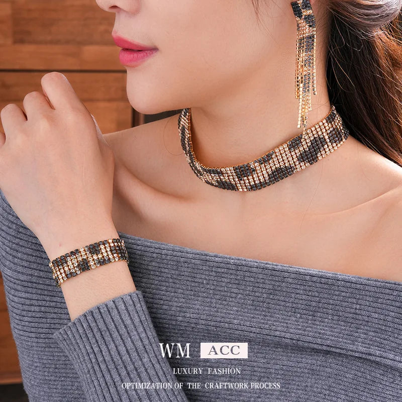 Women's Fashion Jewelry Set with Leopard Print and Inlaid Rhinestone Long Tassel Earrings and Statement Necklace and Bracelet