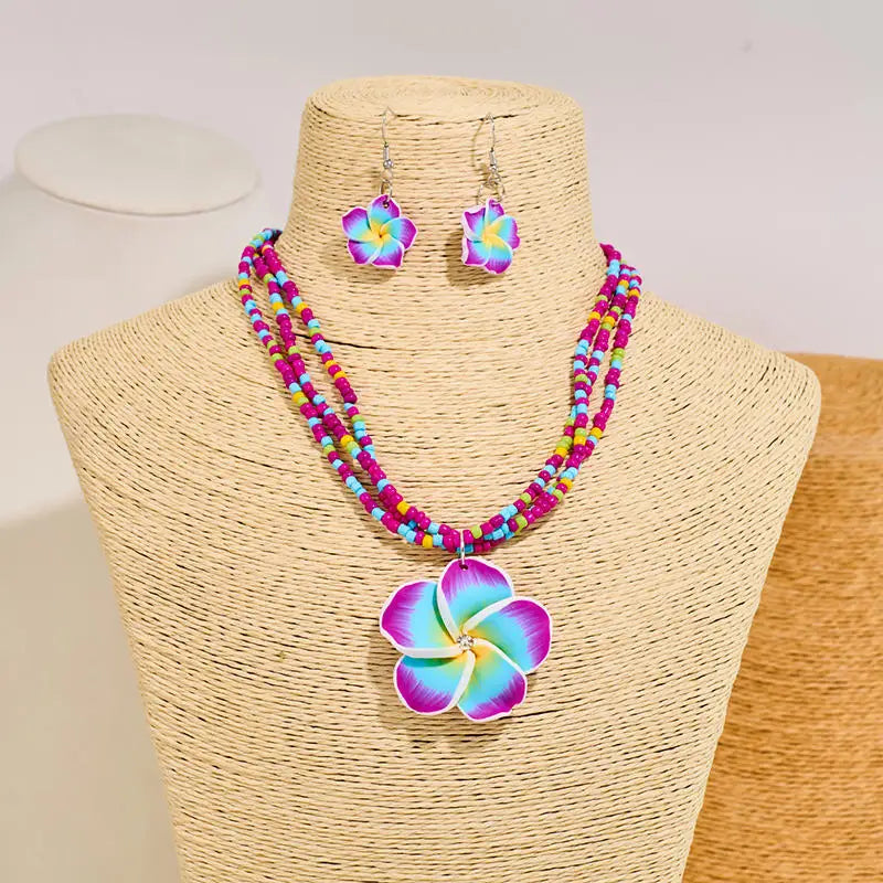 Ladies' Jewelry Set Cute and Fashionable Colorful Flower Earrings Girls' Sweet Elegant Wax Rope Woven Necklace