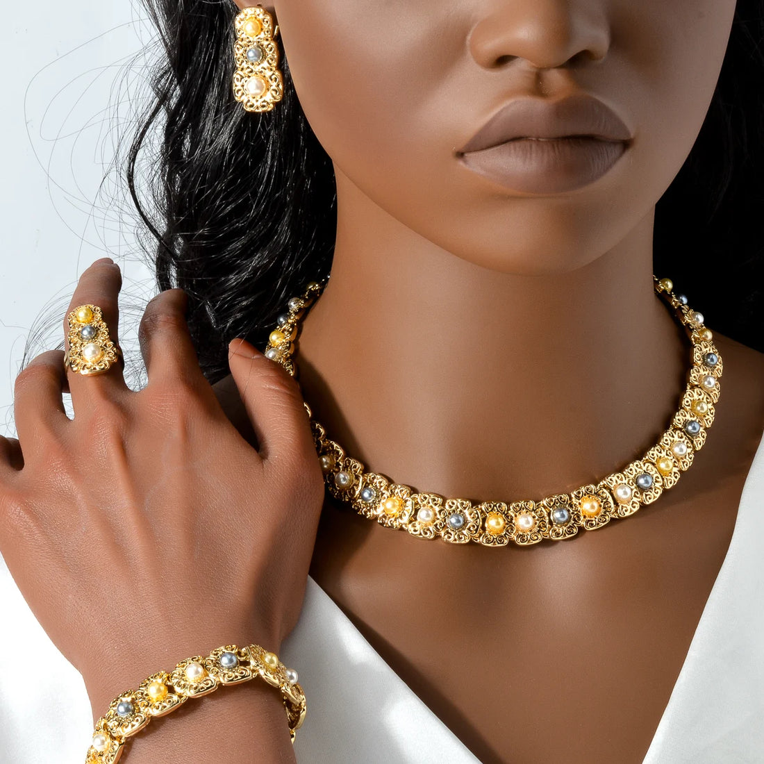 Dubai Luxury Quality Jewelry Set For Women Trend Pearl Necklace Bracelet Ring Earrings Jewelry Set 18k Gold Plated Jewelry